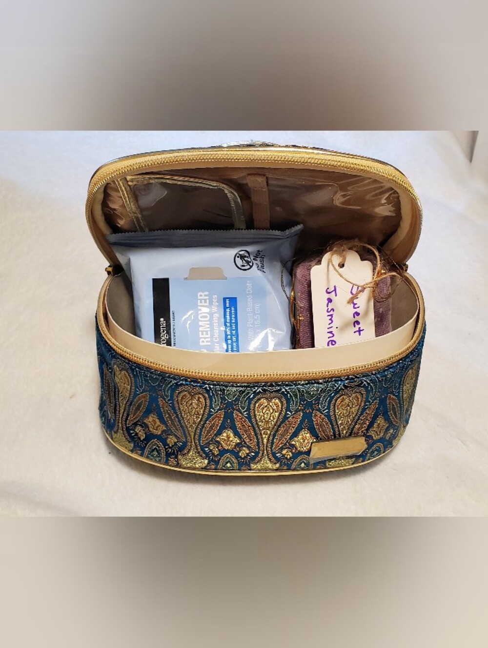 Vintage Stephanie Johnson Teal & Gold Brocade Travel Cosmetic Case